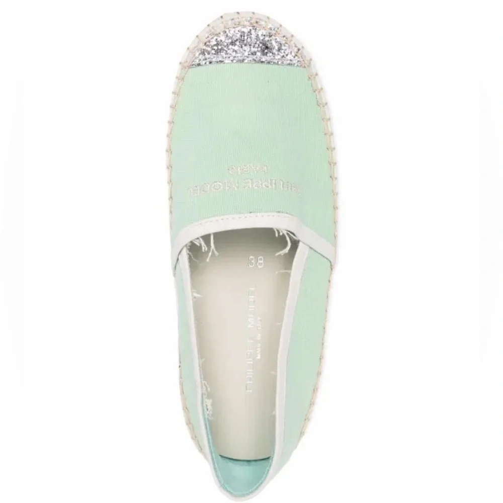 Philippe Model Marseille Low Canvas Glitter Detail Green Espadrille Flats